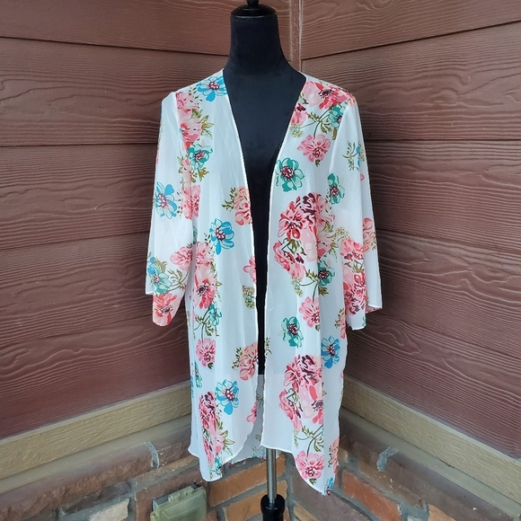 Other - White Coral Blue Green Floral Open Front Kimono Women's Size Medium NWOT